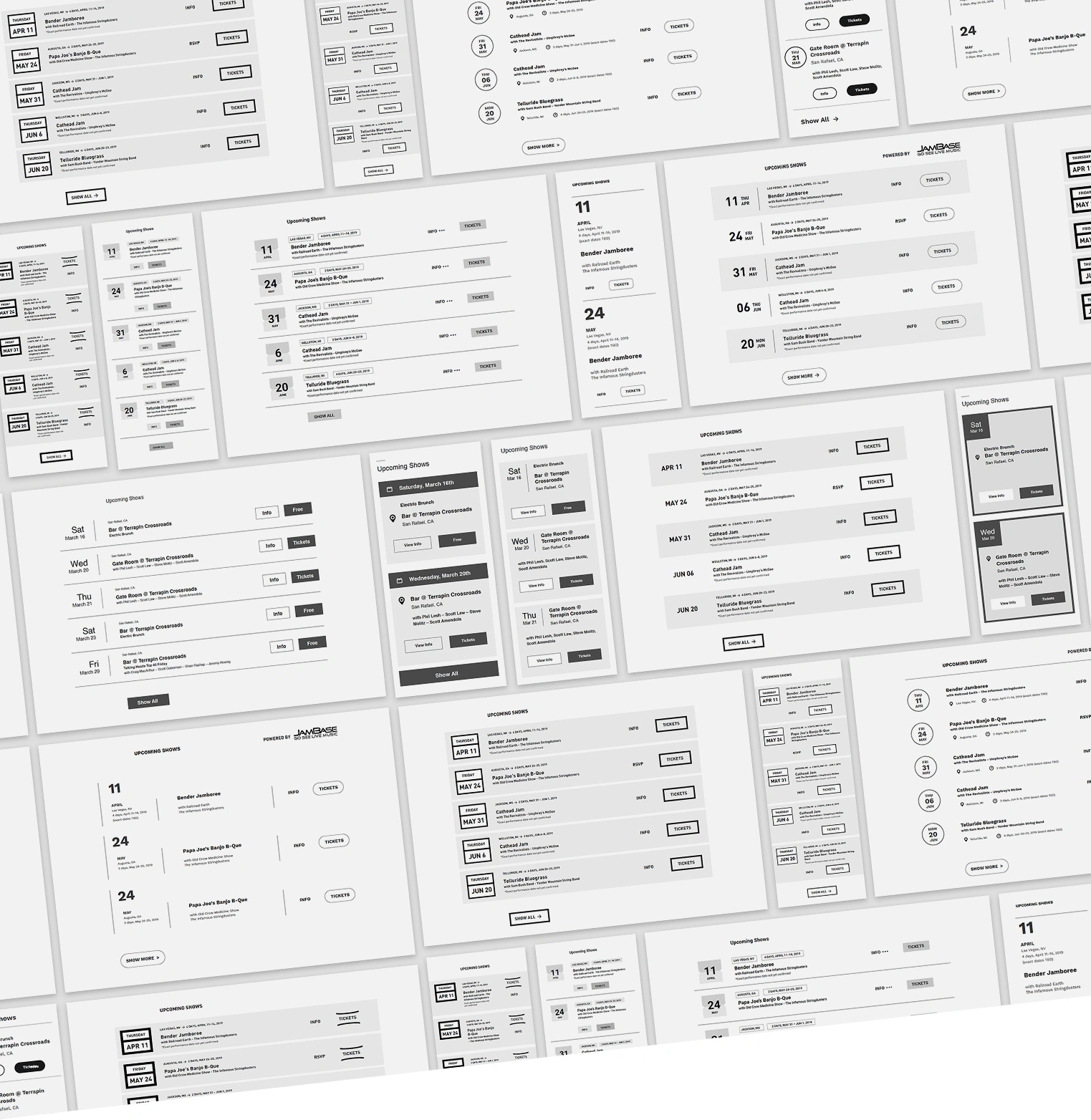 Screen display of possible layout designs for JamBase search results.