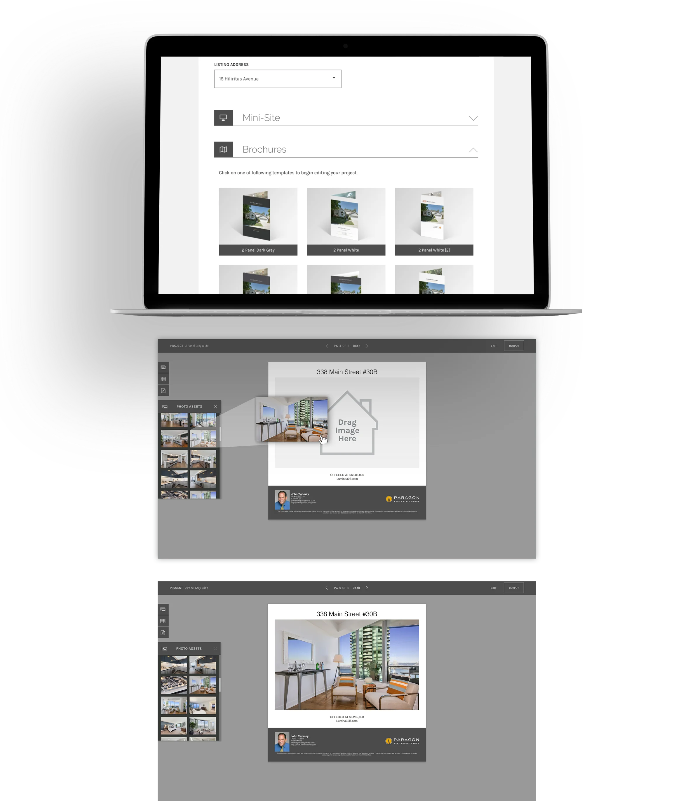 Laptop displaying screens from DASH Marketing real-estate web app.