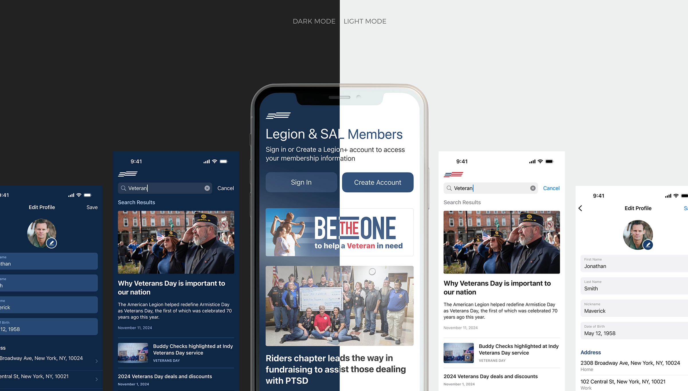 Image displaying both Dark Mode and Light Mode of the Legion+ app for iOS and Android