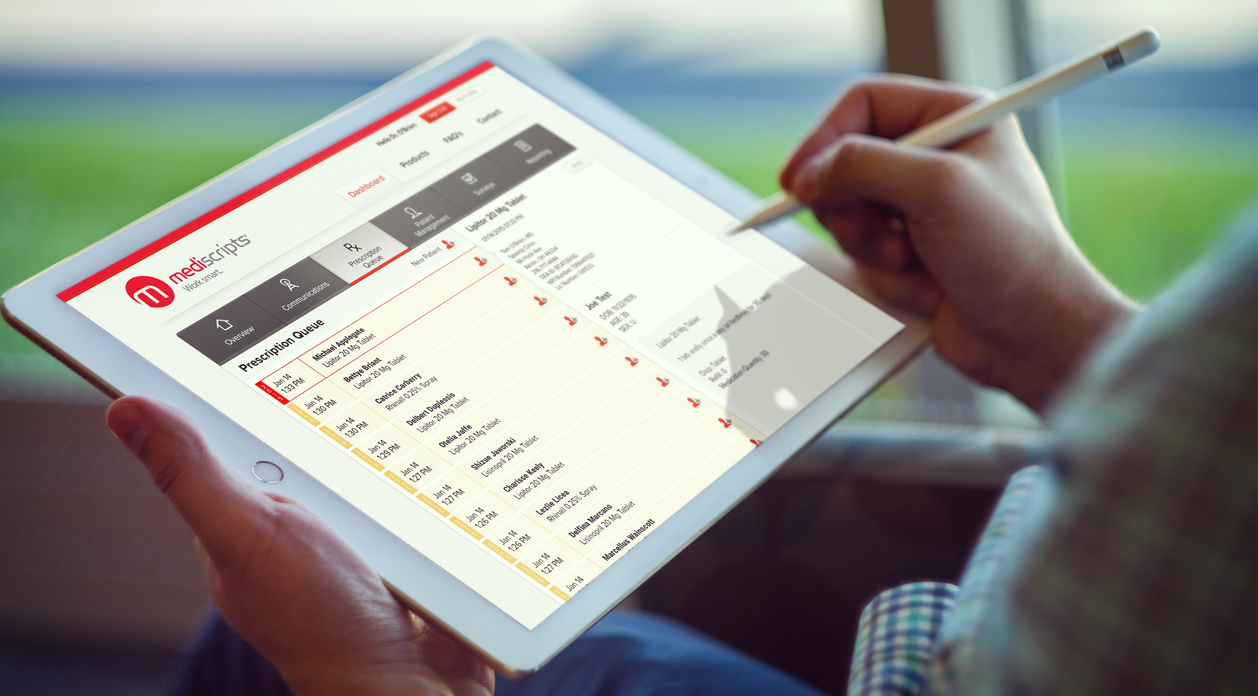 Person using the MediScripts app on a tablet device.