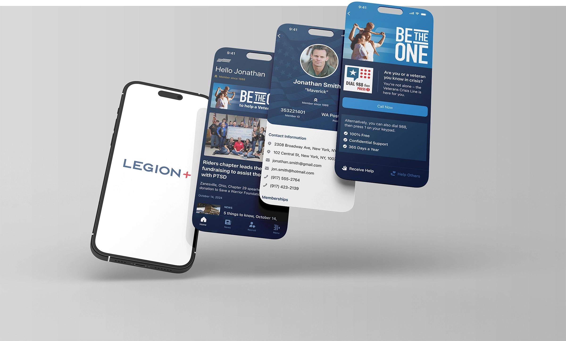 Four screens displaying the Legion+ app for iOS and Android