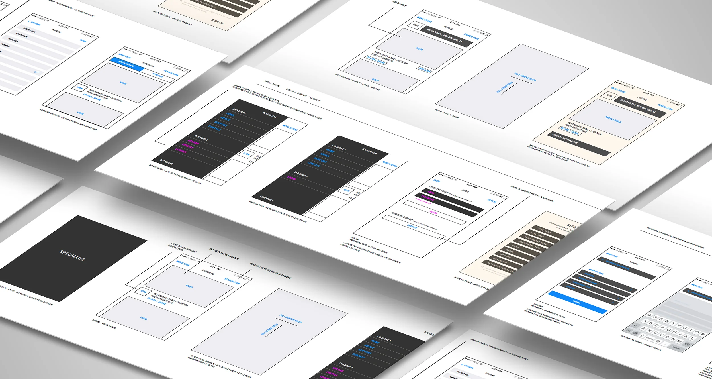 Mosaic layout of Specialus social media mobile app screens.