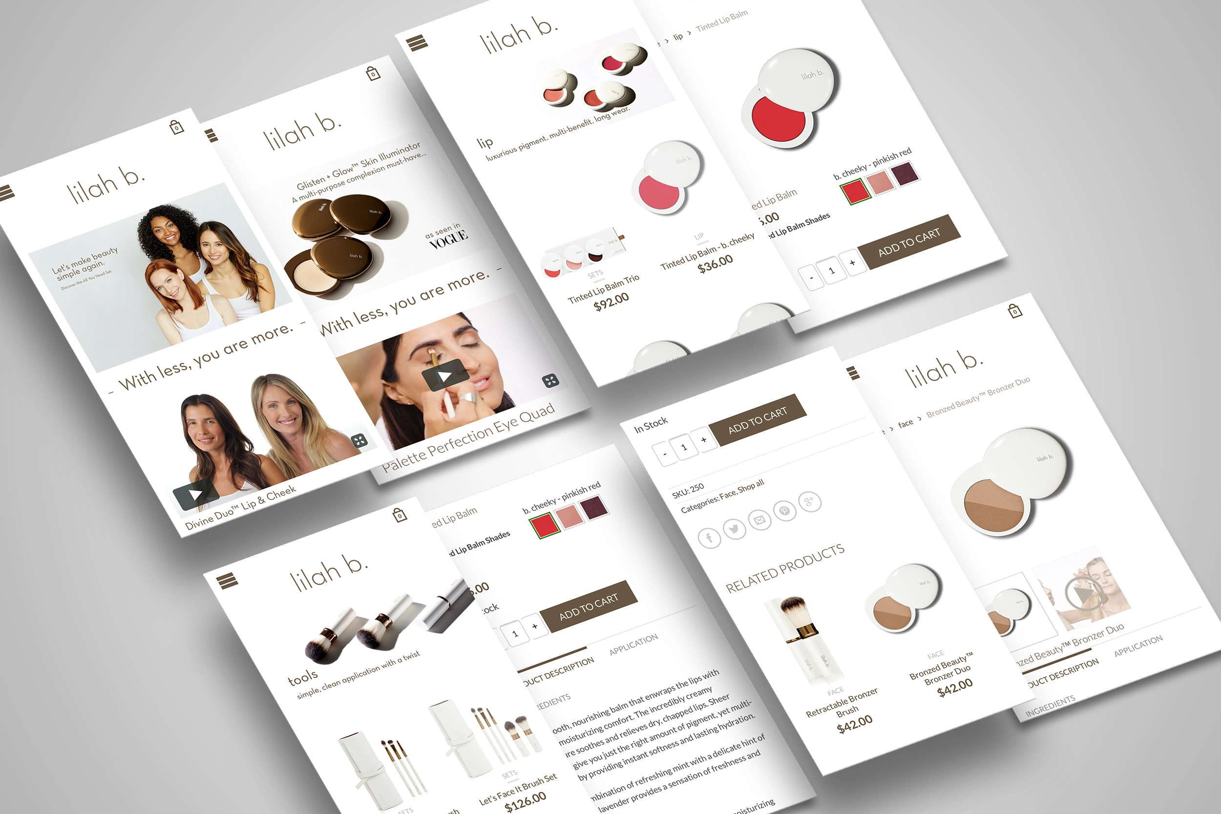 Mosaic layout of Lilah B mobile e-commerce app screens.